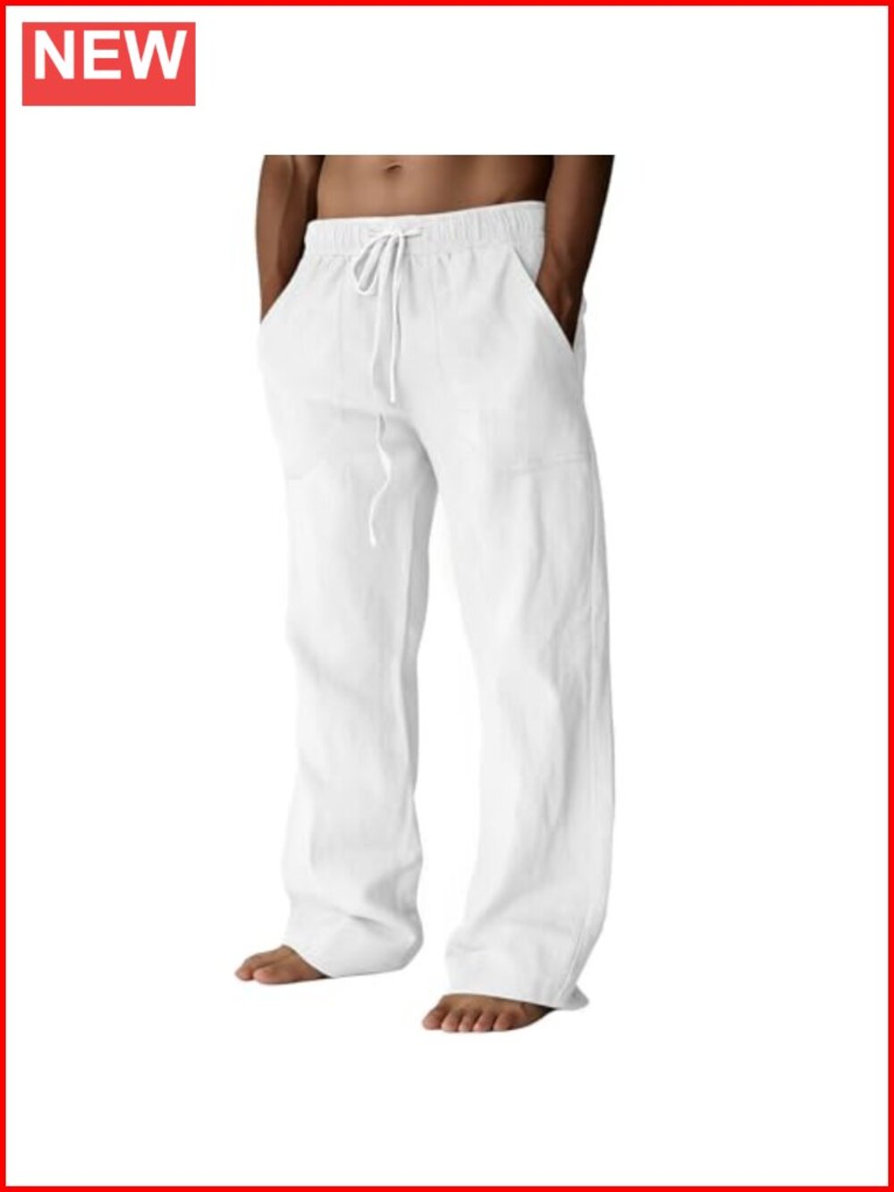 Men's Cotton Linen Pants Drawstring Waist Loose Fit Straight Leg Beach Casual